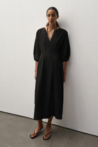 Linen Balloon Sleeve Midi Dress