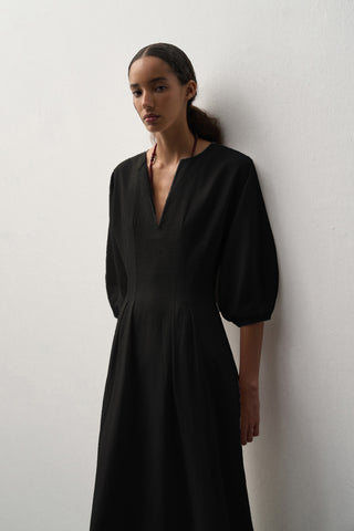 Linen Balloon Sleeve Midi Dress