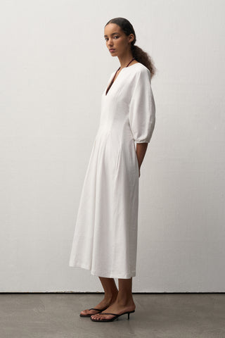 Linen Balloon Sleeve Midi Dress