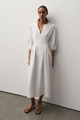 Linen Balloon Sleeve Midi Dress