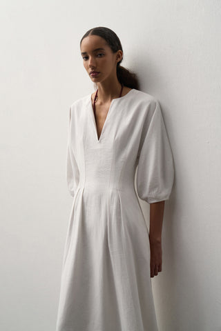 Linen Balloon Sleeve Midi Dress