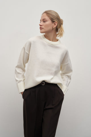 Crew Neck Wool Blend Sweater Ecru