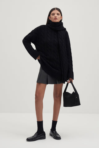 Leta Scarf Detail Knitted Oversized Sweater Black