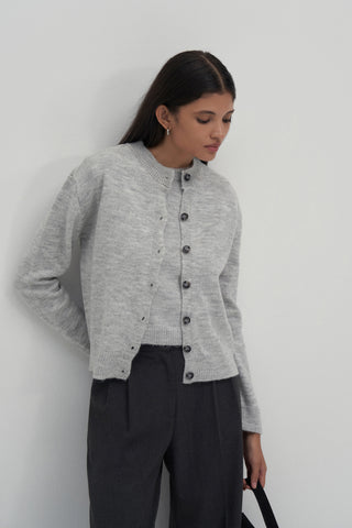 Light Grey Wool Basic Knitwear Cardigan Sweater Set