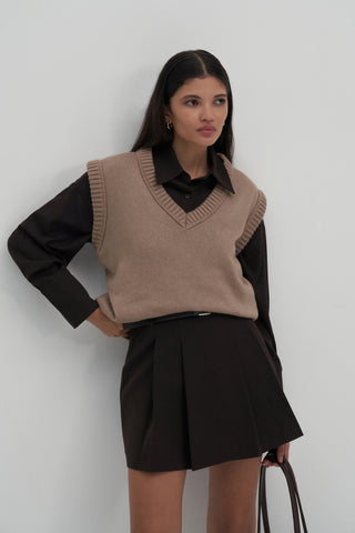 Beige V-Neck Knit Sweater