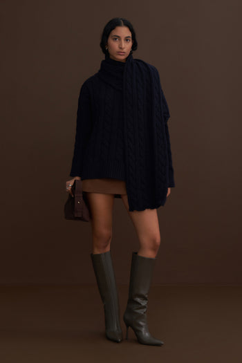 Leta Scarf Detail Knitted Oversized Sweater Navy Blue