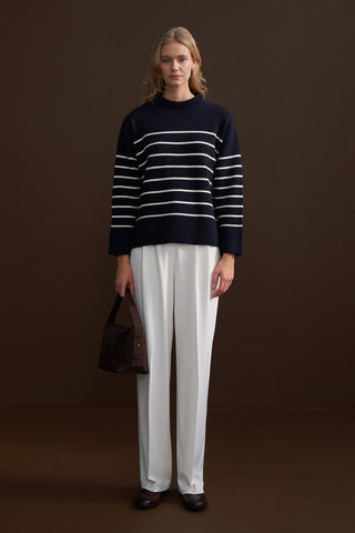 Oversized Crew Neck Striped Sweater Navy Blue