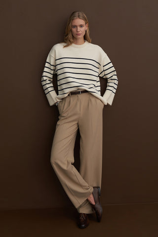 Oversized Crew Neck Striped Sweater Ecru