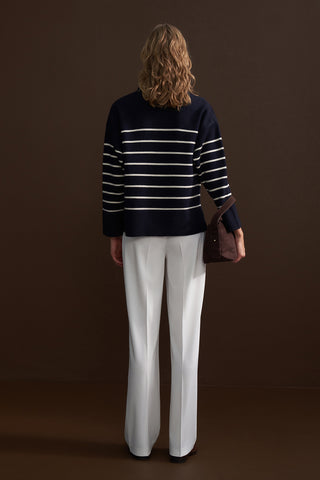 Oversized Crew Neck Striped Sweater Navy Blue