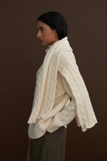 Leta Scarf Detail Knitted Oversized Sweater Ecru