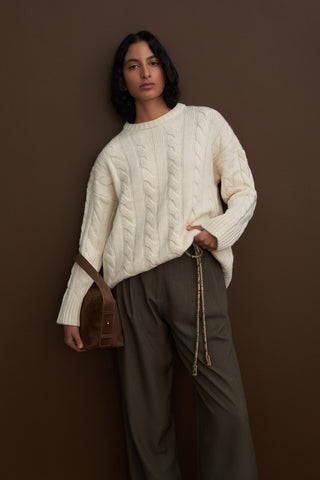 Leta Scarf Detail Knitted Oversized Sweater Ecru