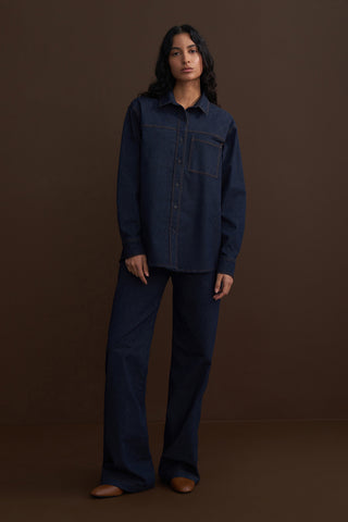 Denim Look Shirt & Palazzo Trousers Set