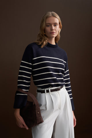 Oversized Crew Neck Striped Sweater Navy Blue