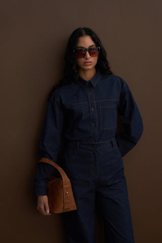 Denim Look Shirt & Palazzo Trousers Set