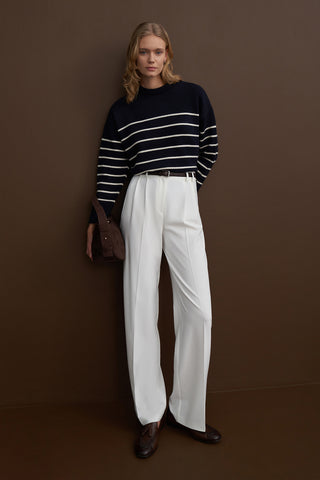 Oversized Crew Neck Striped Sweater Navy Blue
