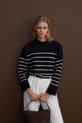 Oversized Crew Neck Striped Sweater Navy Blue