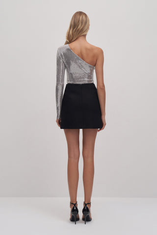 One Sleeve Sequined Bodysuit Silver