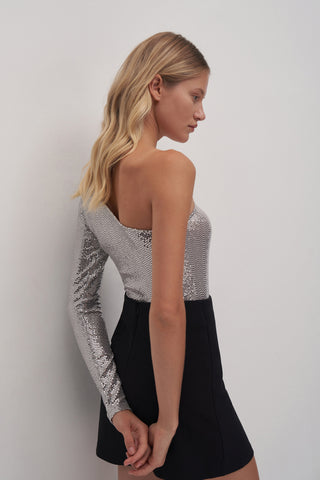 One Sleeve Sequined Bodysuit Silver