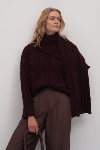 Leta Scarf Detail Knitted Oversized Sweater Burgundy