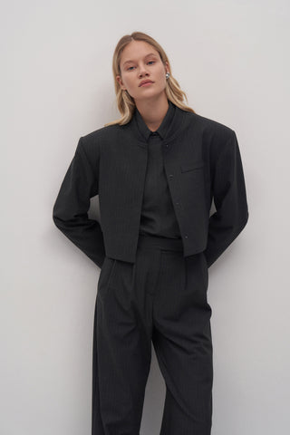 Striped Cropped Blazer & Palazzo Trousers Set Anthracite