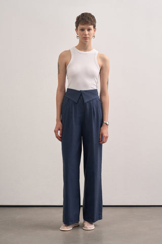 Canvas Palazzo Trousers with Belt Detail