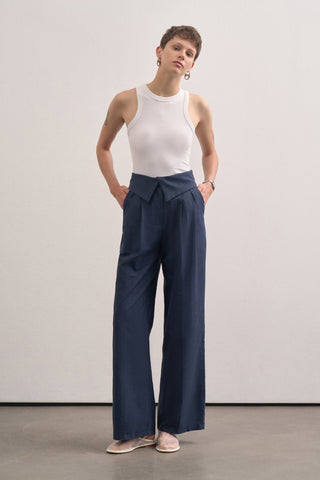 Canvas Palazzo Trousers with Belt Detail